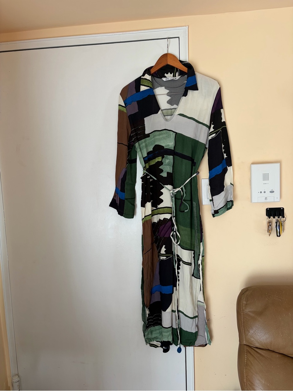 Zara Green Multicolor Abstract-Print Long Sleeve Dress